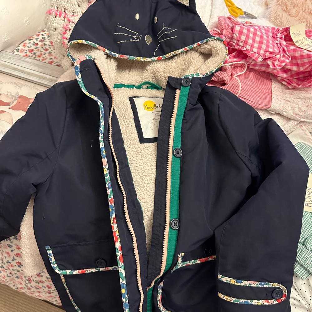 Mini Boden Blue Raincoat with cat ears on hood and warm shearling size 8-9 134cm